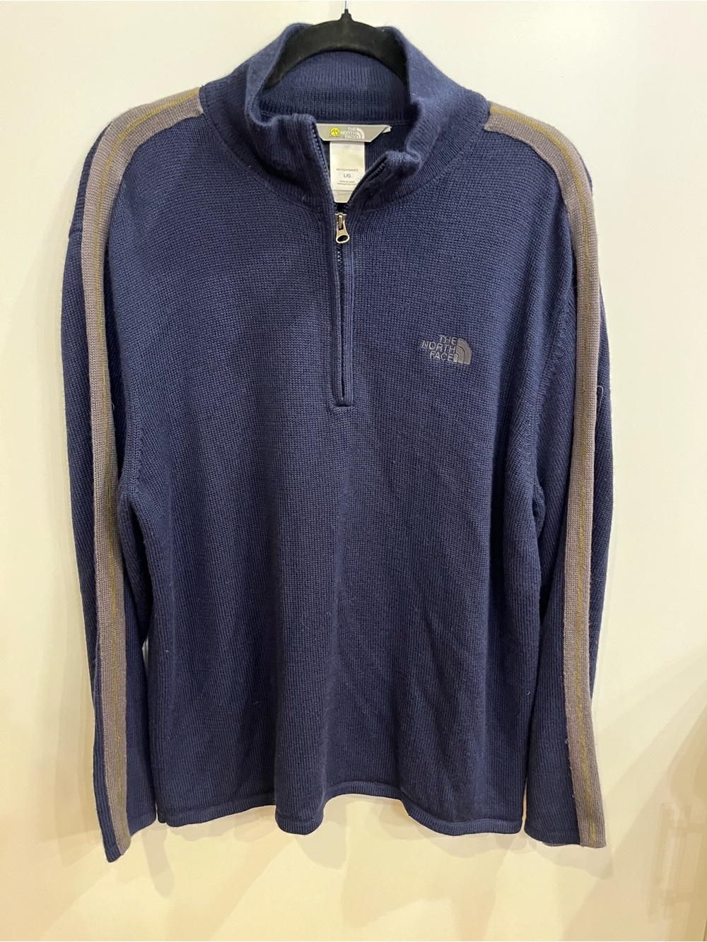 The North Face Men's Navy Half-Zip Sweater with Tan Stripe